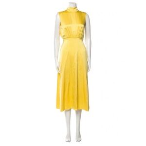 Saloni yellow low back tie neck midi silk dress 0 XS